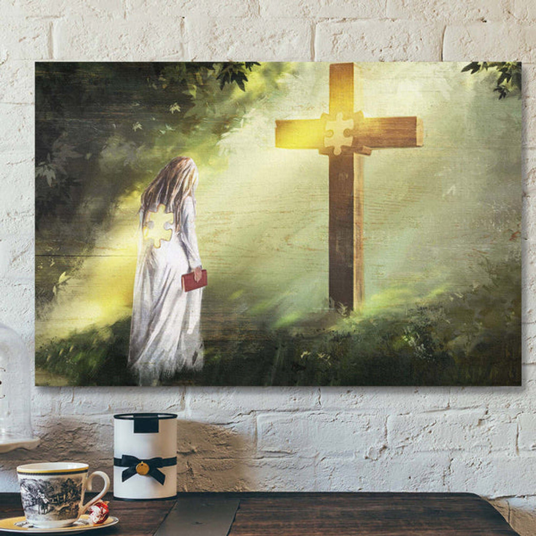 Girl Bowing Before Cross Canvas Wall Art - Bible Verse Canvas - Scripture Canvas Wall Art