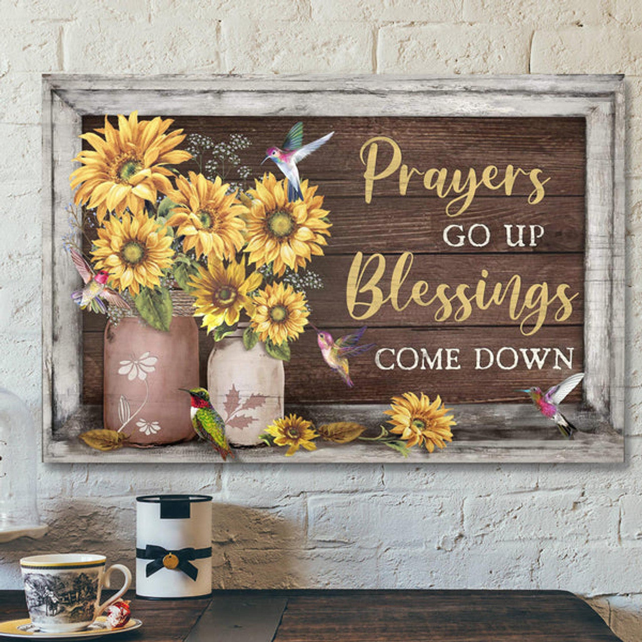 Hummingbird And Sunflower - Prayers Go Up Blessings Come Down Canvas Wall Art - Bible Verse Canvas