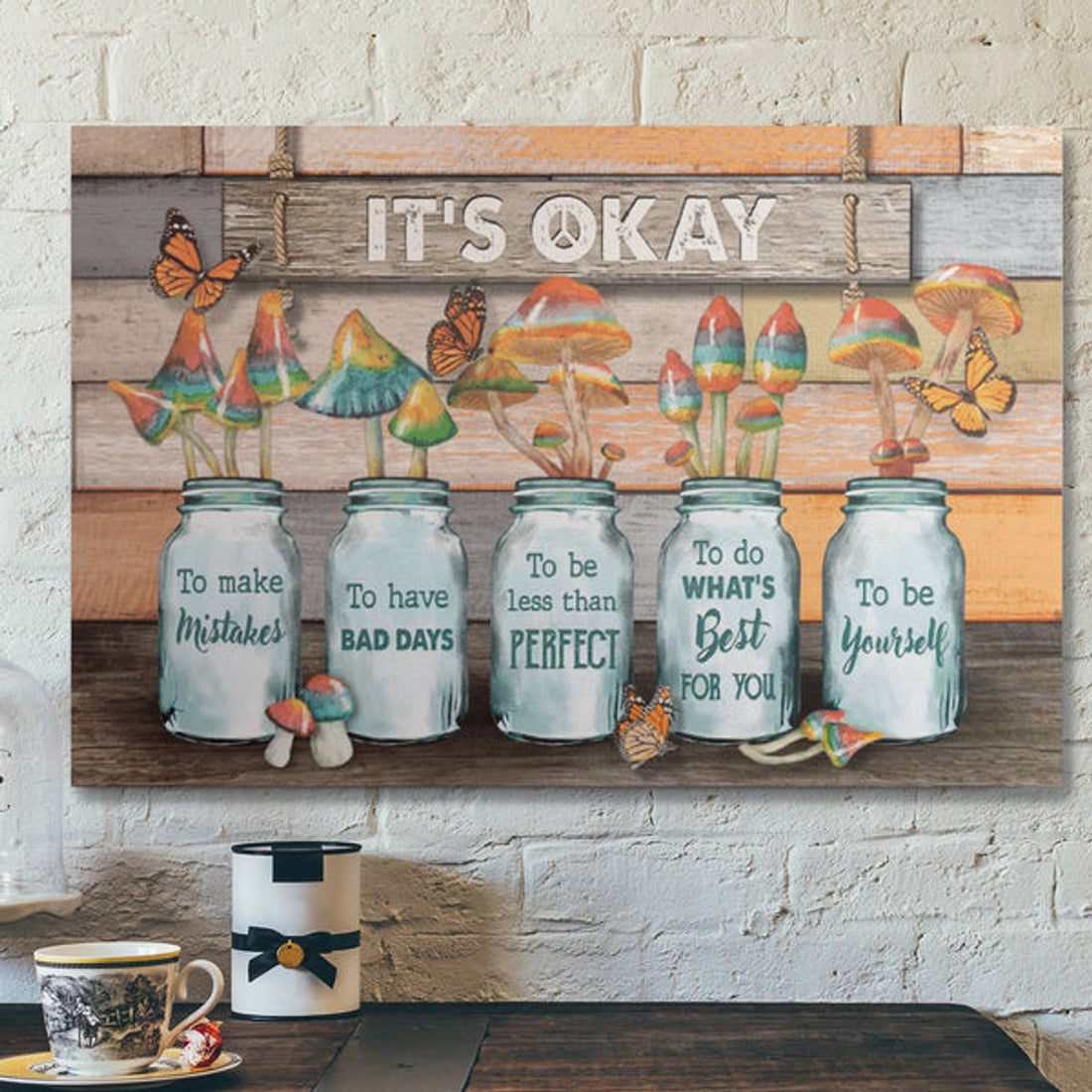 Bible Verse Wall Art Canvas - Colorful Mushroom - Its Okay To Be Yourself Canvas