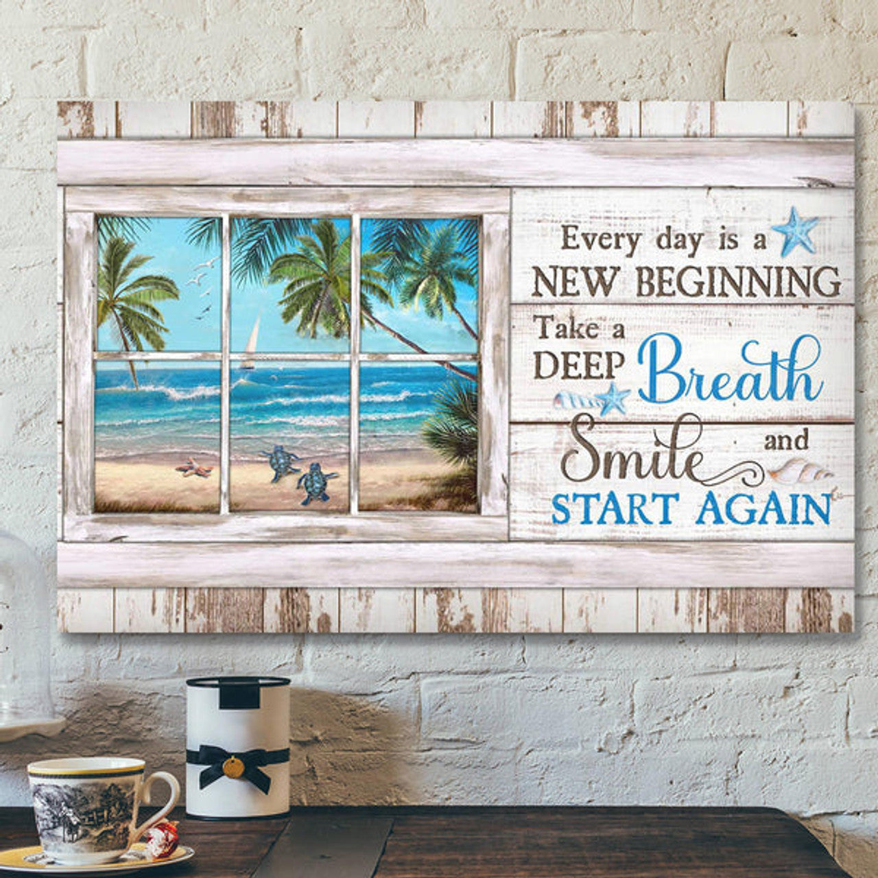 Turtle With Beach Landscape - Everyday Is A New Beginning Canvas Wall Art - Bible Verse Canvas - Scripture Canvas Wall Art