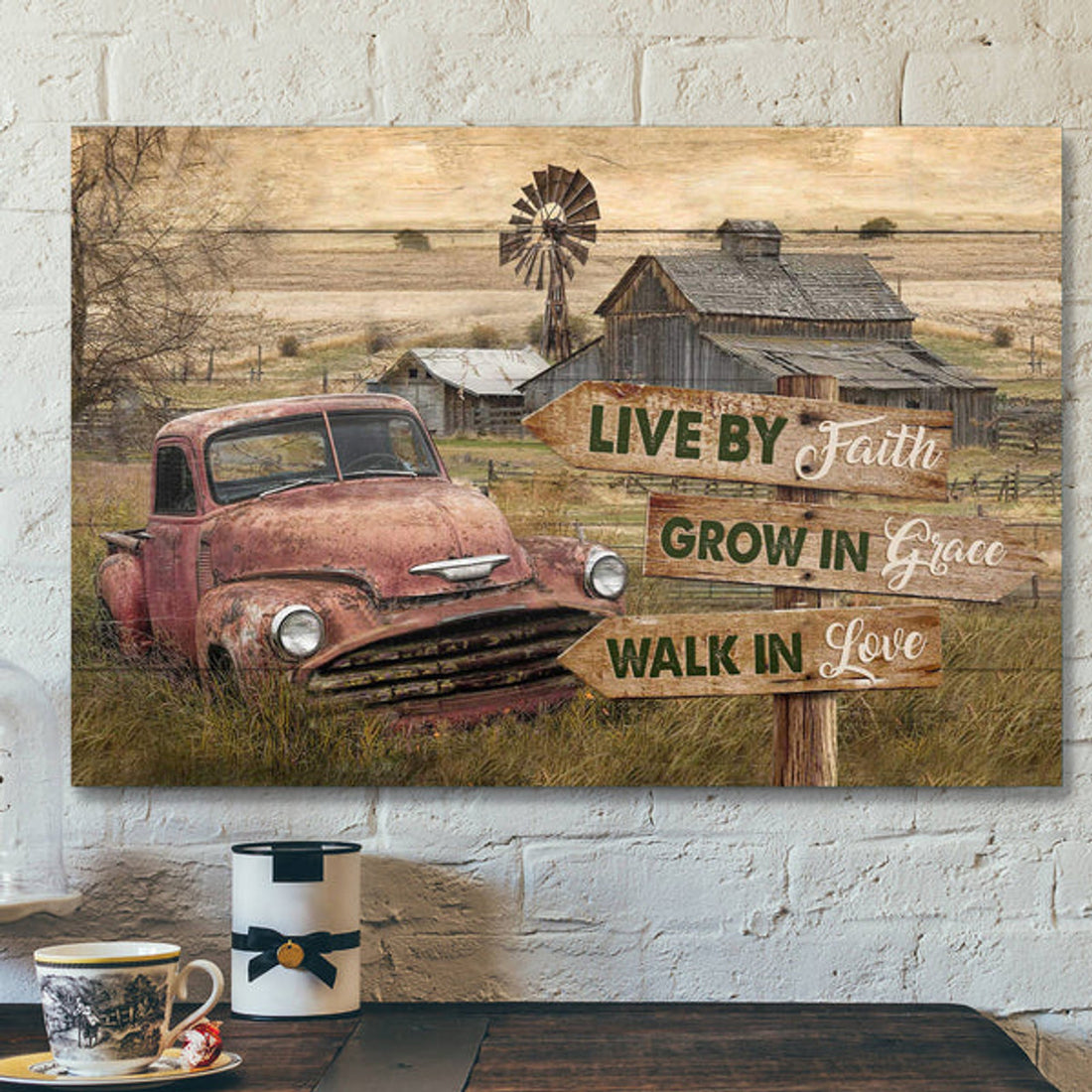 Old Car On Farm - Live By Faith - Bible Verse Canvas - Scripture Canvas Wall Art