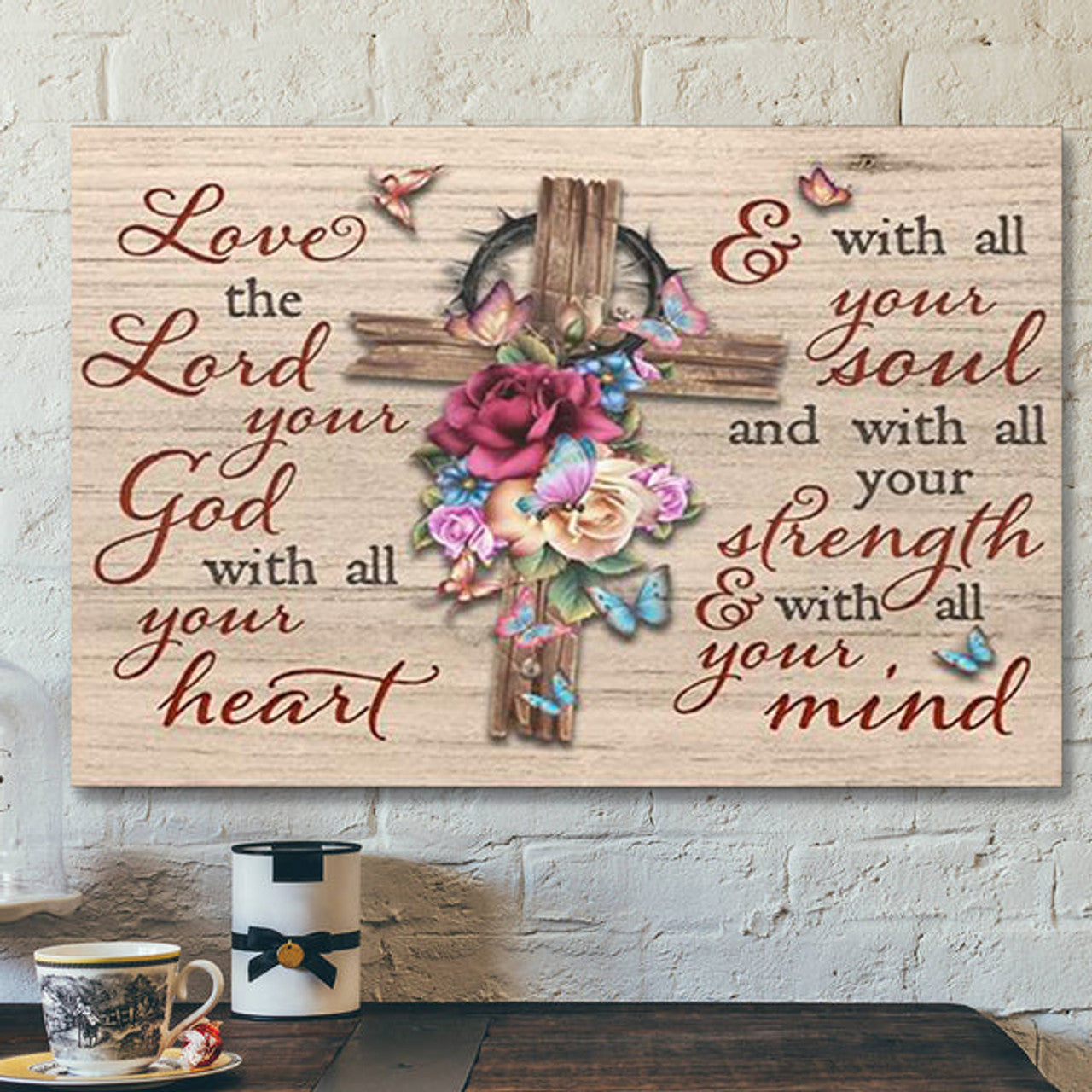 Bible Verse Canvas - Flower Cross Jesus - Love The Lord Your God - Scripture Canvas Wall Art