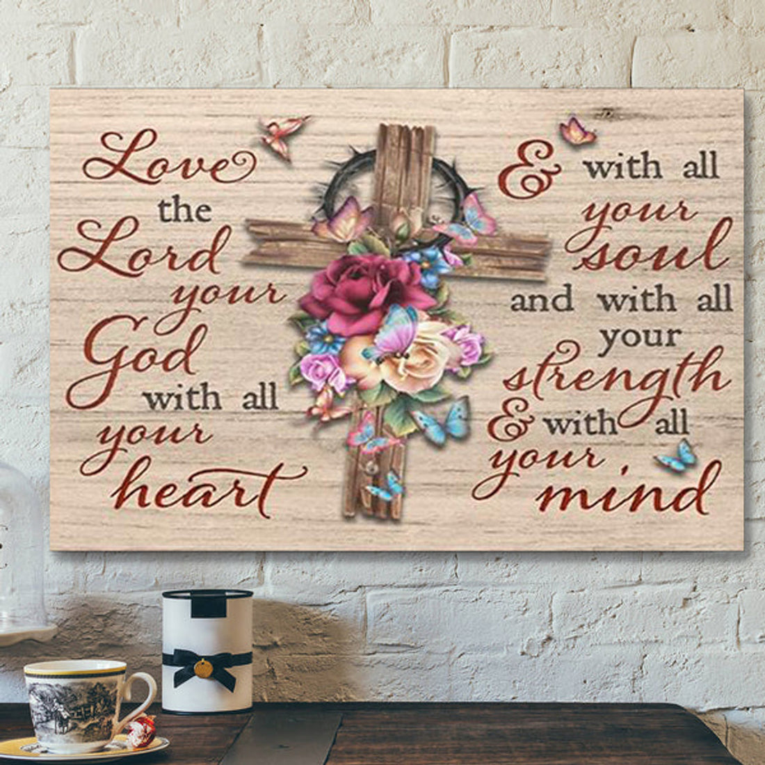 Bible Verse Canvas - Flower Cross Jesus - Love The Lord Your God - Scripture Canvas Wall Art