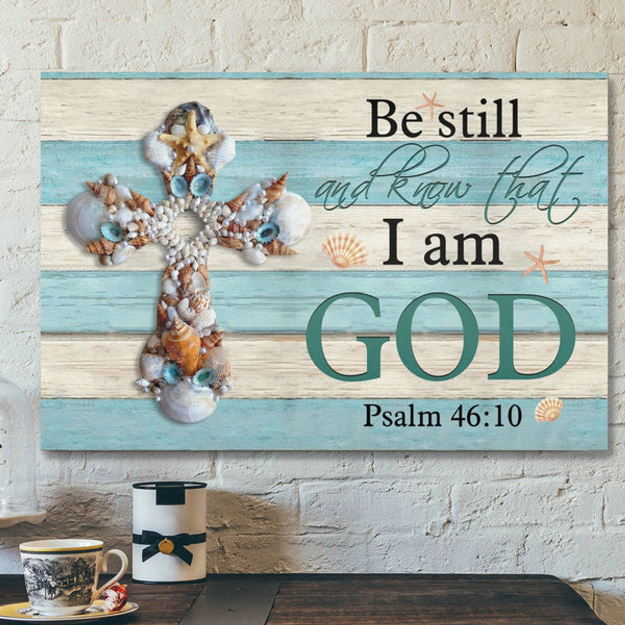 Bible Verse Canvas - Seashell Cross Be Still And Know Psalm 4610 Wall Art Canvas - Scripture Canvas Wall Art