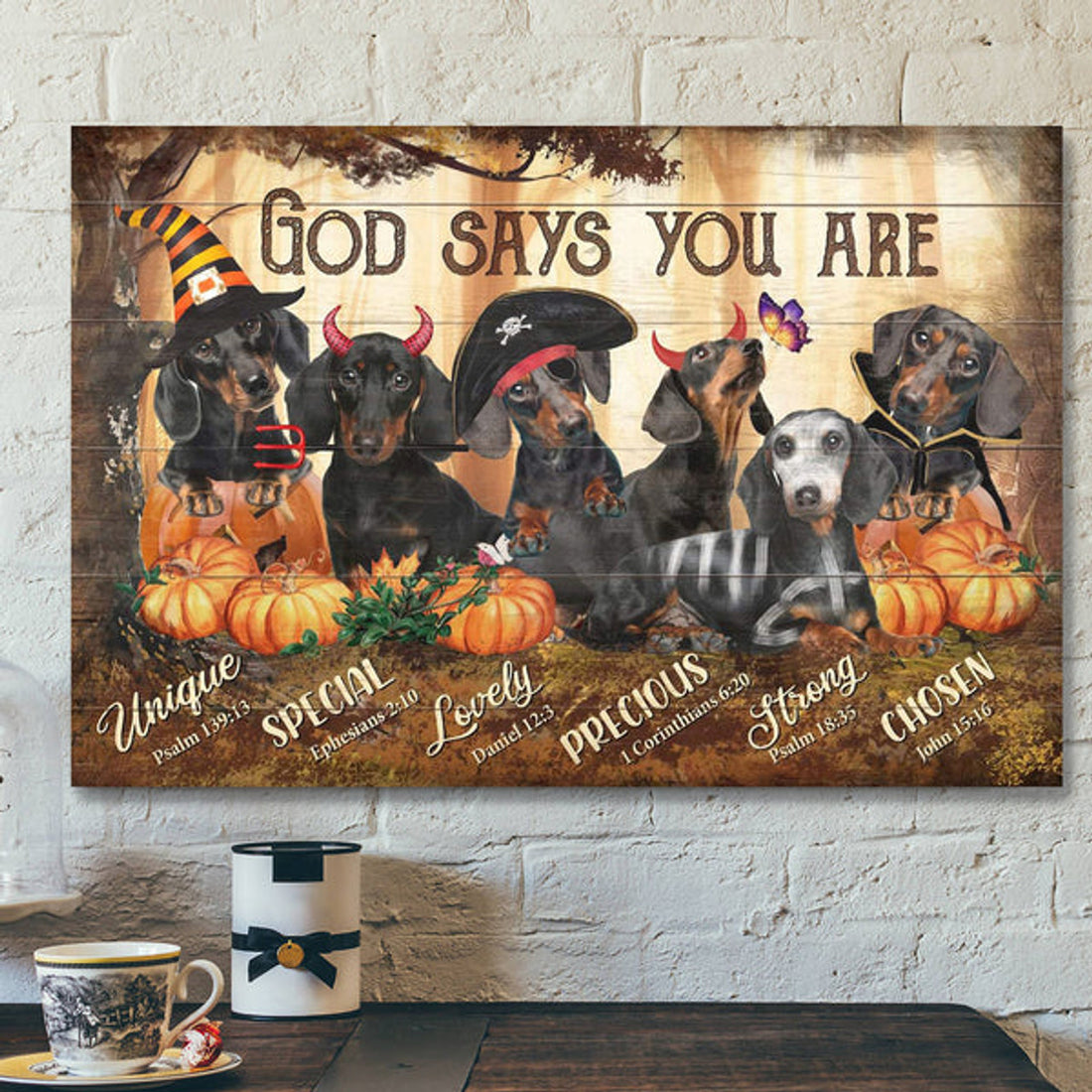 God Says You Are - Dachshunds In Halloween Costumes Canvas Wall Art - Bible Verse Canvas