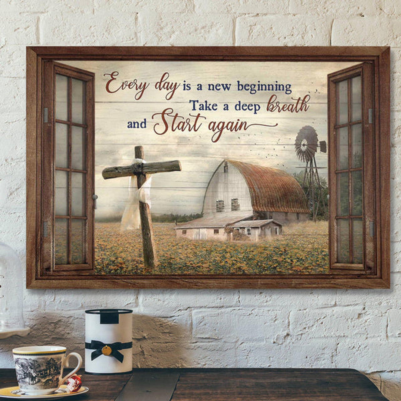 Cross With Tranquil Farm - Everyday Is A New Beginning- Bible Verse Canvas - Scripture Canvas Wall Art