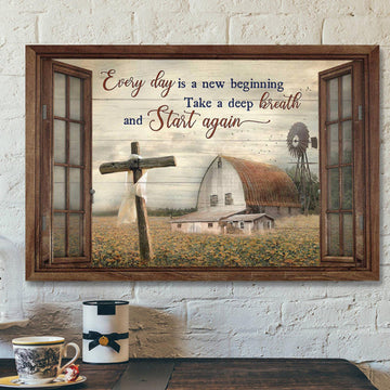 Cross With Tranquil Farm - Everyday Is A New Beginning- Bible Verse Canvas - Scripture Canvas Wall Art