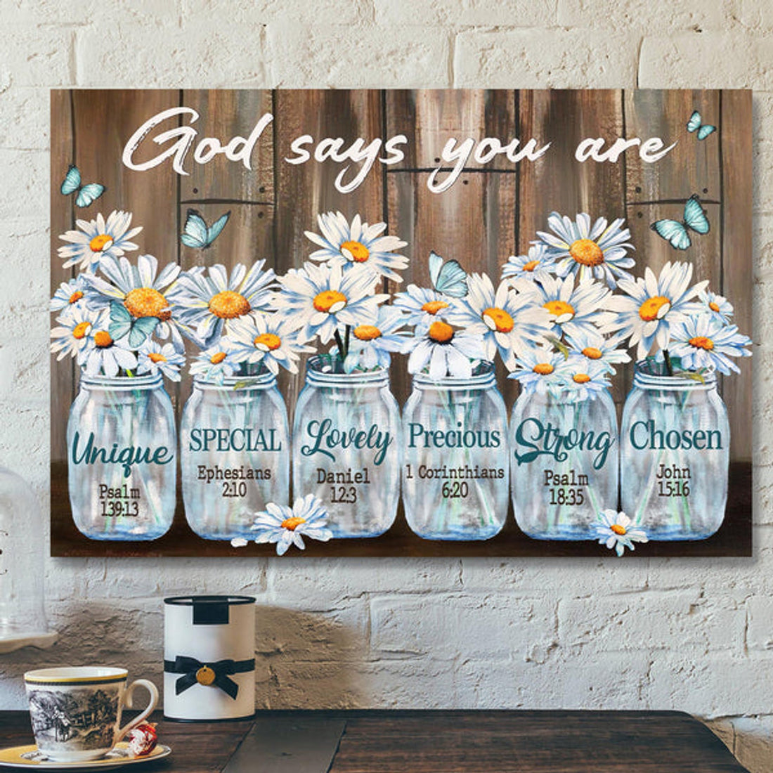 Daisy Flower In Glass Jar - God Says You Are Canvas Wall Art - Bible Verse Canvas - Scripture Canvas Wall Art 
