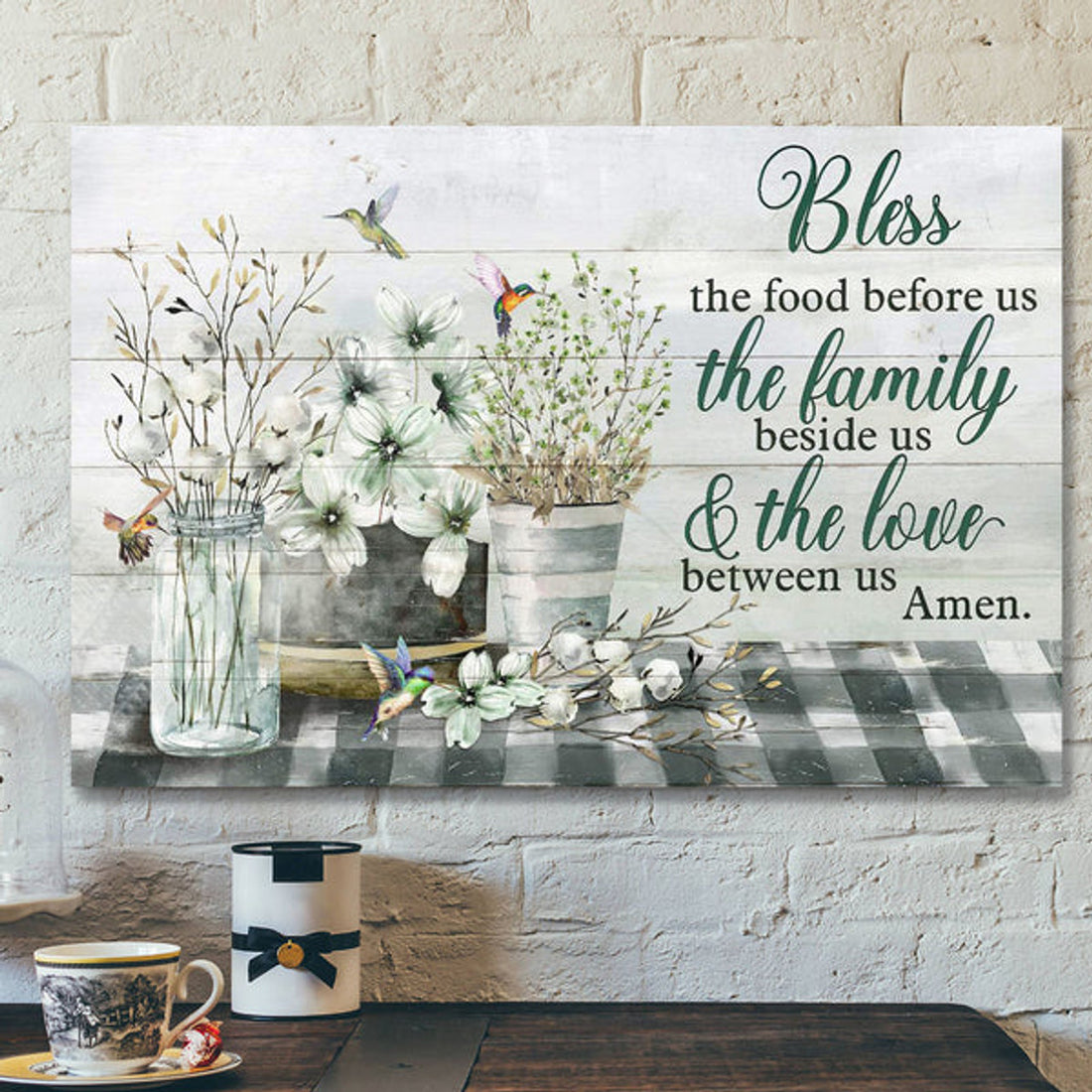 Flower Vases With Hummingbird - Bless The Food Before Us - Bible Verse Canvas - Scripture Canvas Wall Art 