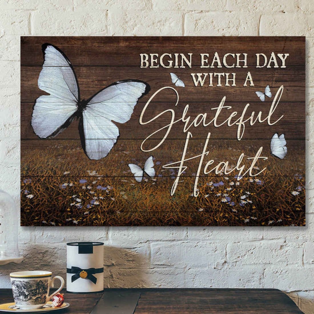 Butterfly - Begin Each Day With Grateful Heart - Bible Verse Canvas - Scripture Canvas Wall Art 