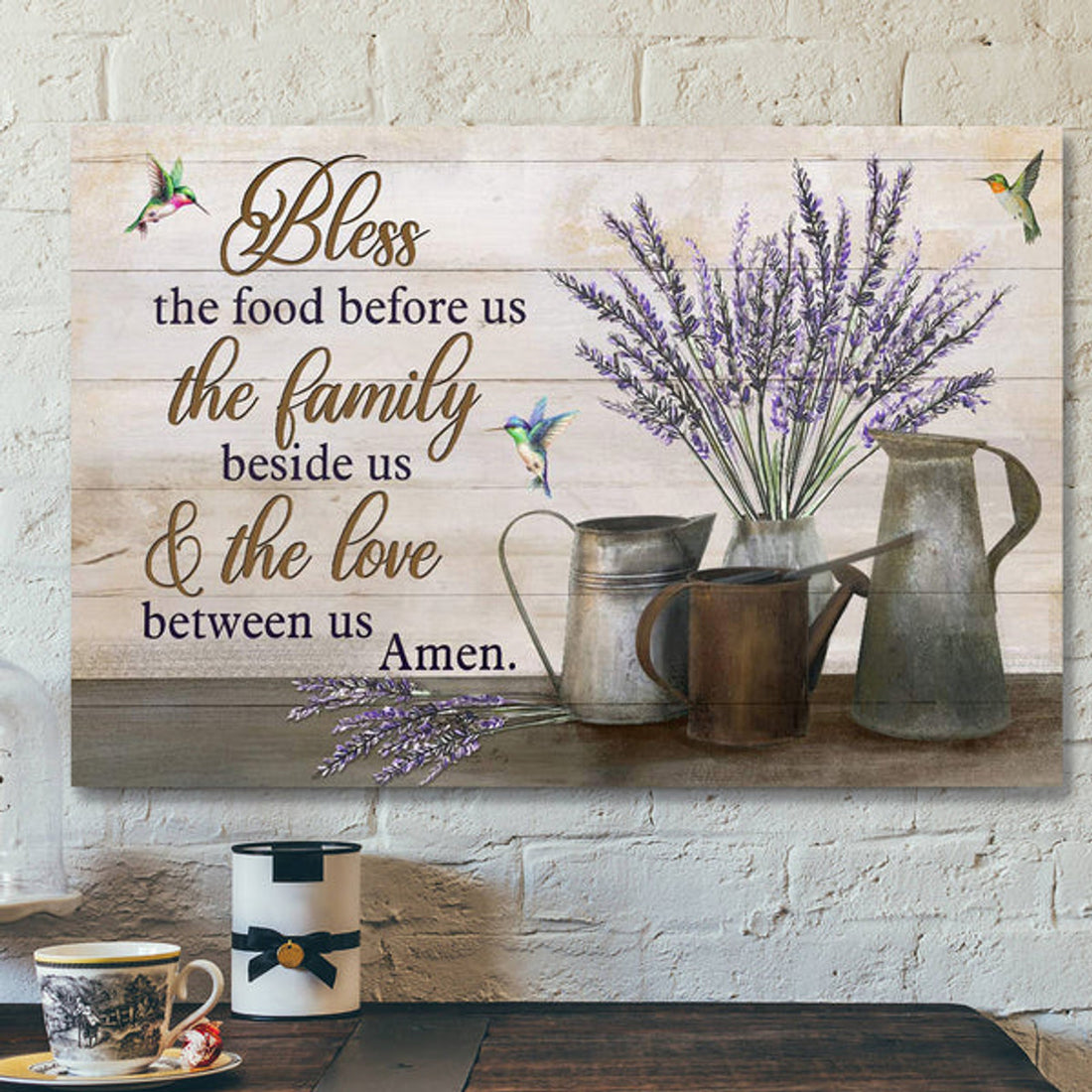 Bless The Food Before Us Canvas Wall Art - Lavender Vase With Hummingbird 