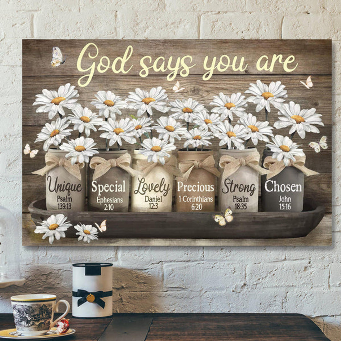 Daisy Jar - God Says You Are Canvas Wall Art - Bible Verse Canvas - Scripture Canvas Wall Art 