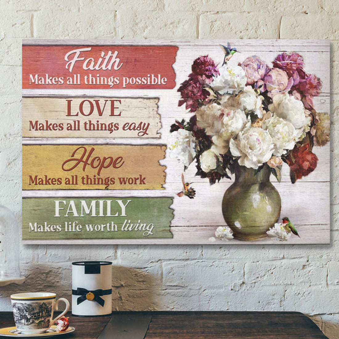 Peonies In Green Vintage Vase - Faith Hope Love Family Canvas Wall Art - Bible Verse Canvas - Scripture Canvas Wall Art 