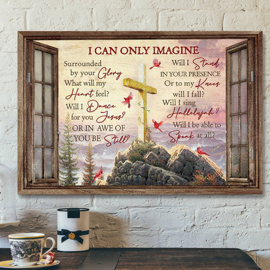 Christian Canvas Wall Art - Beautiful Mountain - Wooden Cross - Pink Sunset - I Can Only Imagine 
