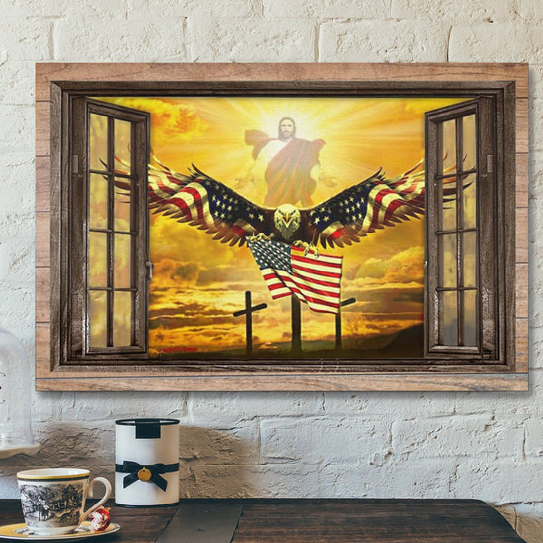 Jesus Open Arms Bald Eagle American Flag - Christian Canvas Wall Art - Christian Wall Decor - Faith Canvas Wall Art - Scripture Wall Art 