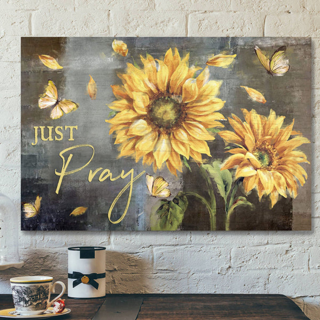 Sunflower And Yellow Butterfly - Just Pray - Bible Verse Canvas - Scripture Canvas Wall Art 