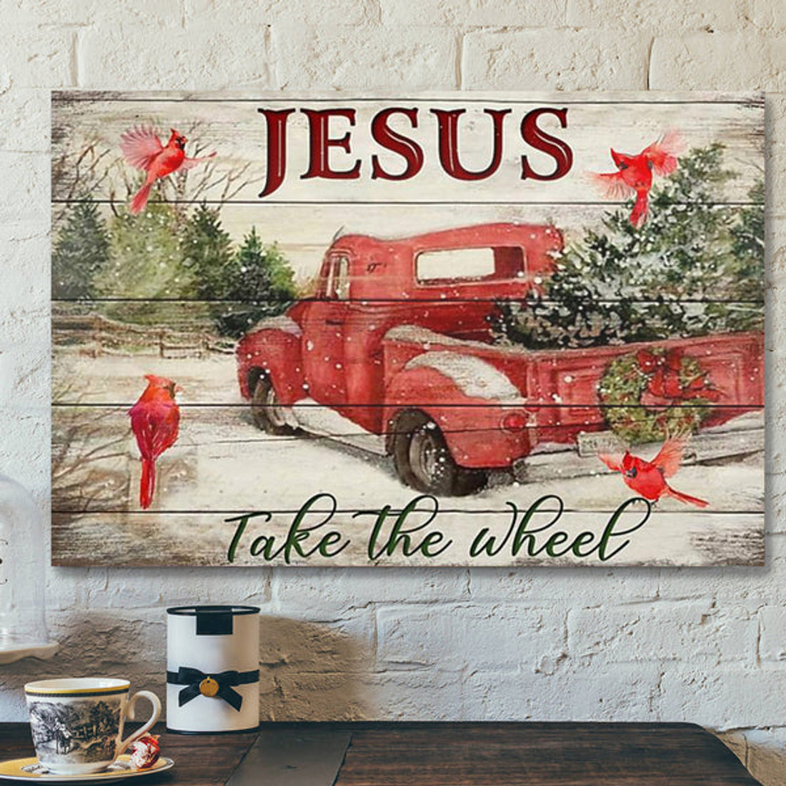 God Canvas Prints - Jesus Canvas Art - Jesus Take The Wheel Red Truck Cardinal 