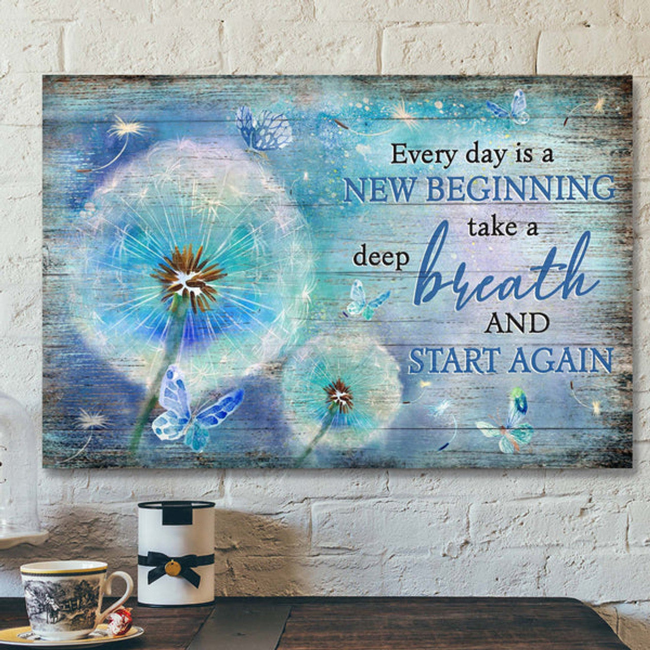 Blue Butterfly And Dandelion - Every Day Is A New Beginning Canvas Wall Art - Bible Verse Canvas - Scripture Canvas Wall Art