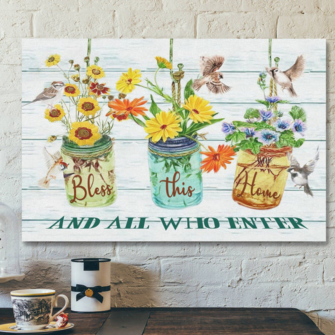 Bible Verse Canvas - Bless This Home And All Who Enter Floral Sparrow Canvas Print - Scripture Canvas Wall Art
