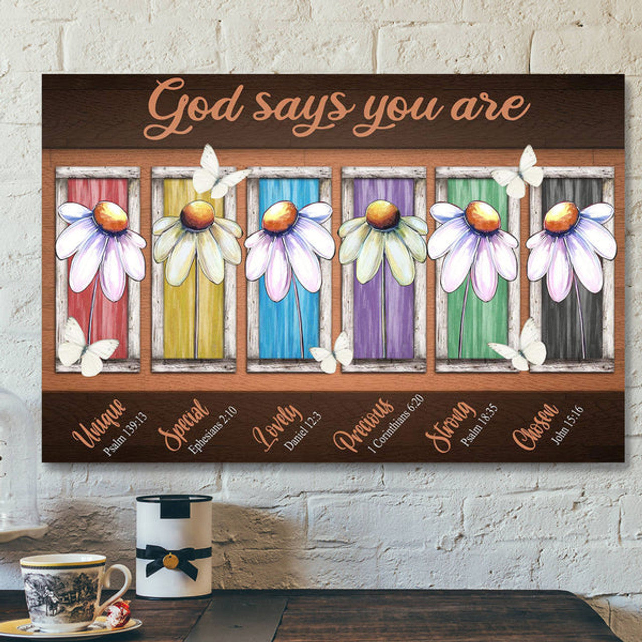 Colorful Daisy And White Butterfly - God Says You Are - Bible Verse Canvas - Scripture Canvas Wall Art