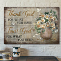 Flower In Brown Vintage Vase - Thank God For What You Have Canvas Wall Art - Bible Verse Canvas