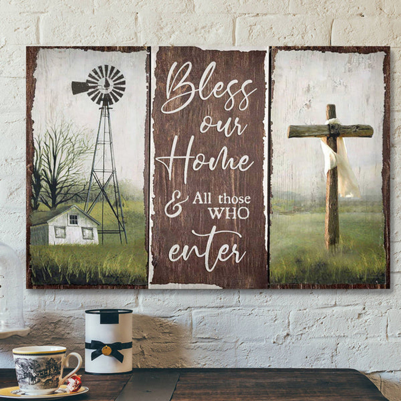 The Cross With Farm Windmill - Bless Our Home And All Those Who Enter - Bible Verse Canvas - Scripture Canvas Wall Art