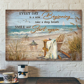 Turtle To The Beach - Every Day Is A New Beginning Canvas Wall Art - Bible Verse Canvas - Scripture Canvas Wall Art