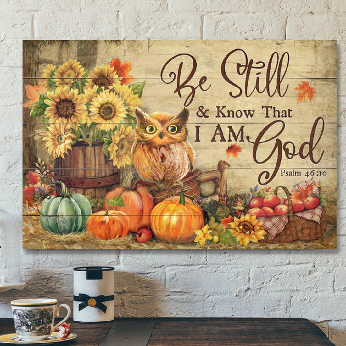 Owl With Pumpkins - Be Still And Know That I Am God Canvas Wall Art - Bible Verse Canvas - Scripture Canvas Wall Art
