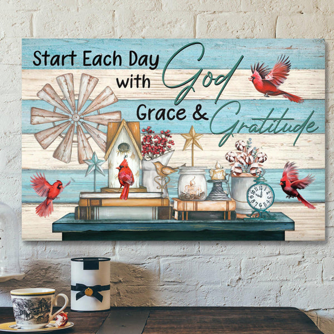 Cardinal Canvas - Start Each Day With Grace And Gratitude Canvas Wall Art - Bible Verse Canvas