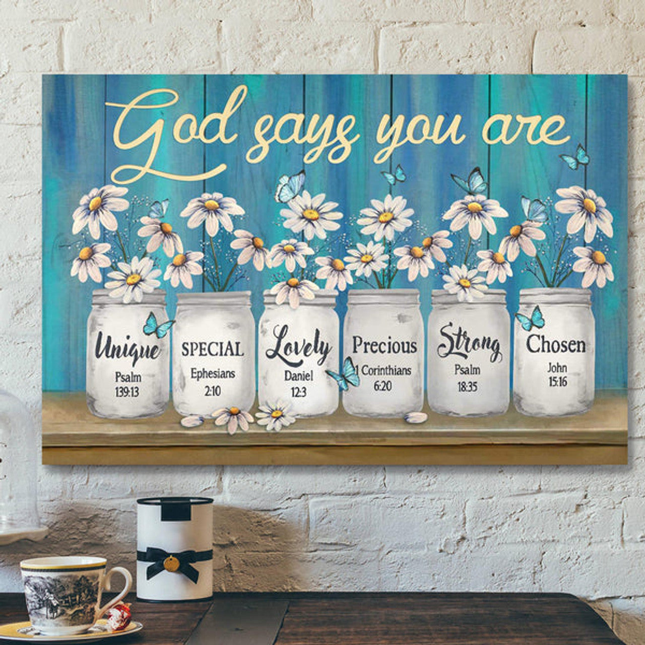 Bible Verse Canvas - Daisy Jar On Blue Background - God Says You Are Canvas Wall Art