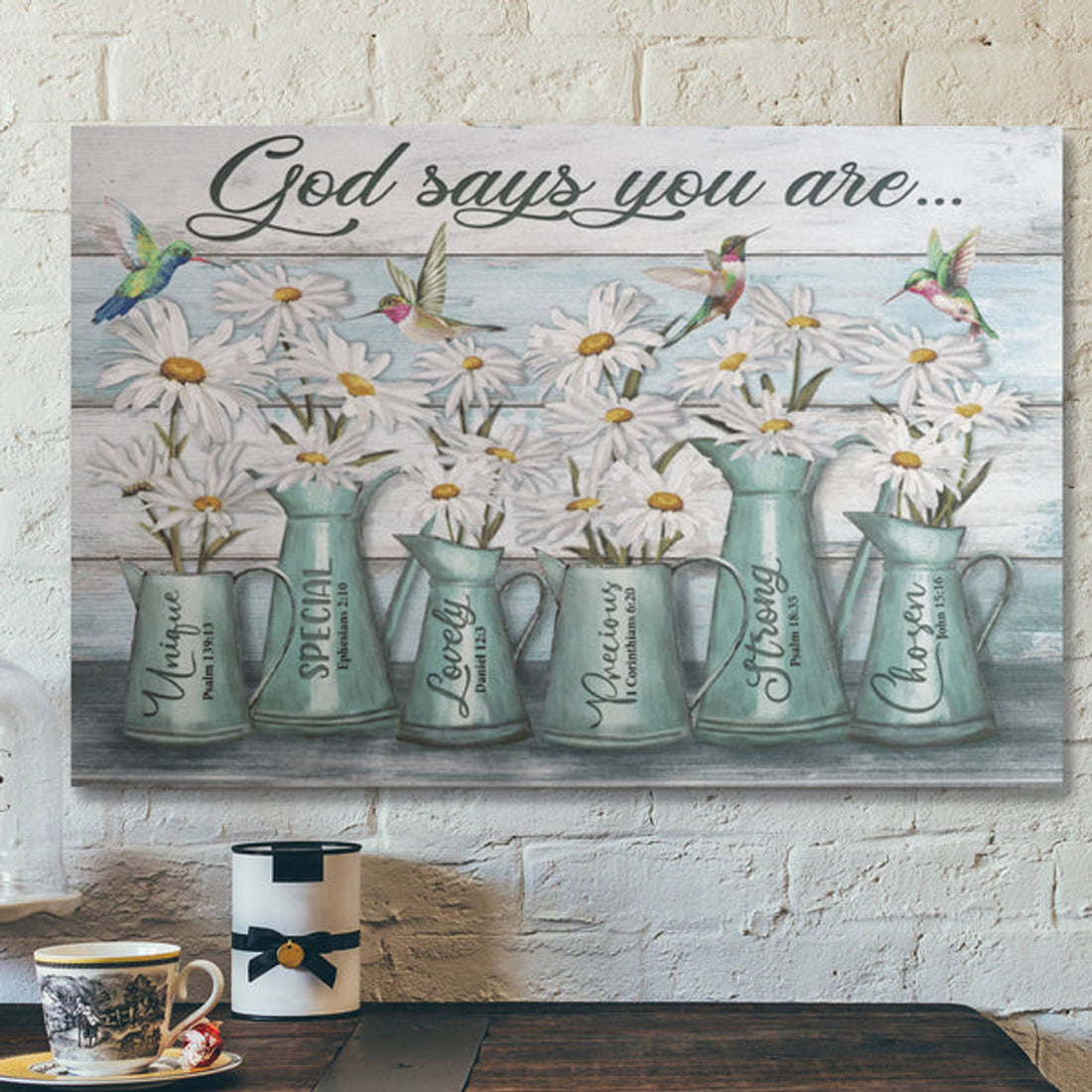 Bible Verse Wall Art Canvas - Daisy And Hummingbird - God Says You Are Peaceful Blue Canvas