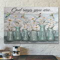 Bible Verse Wall Art Canvas - Daisy And Hummingbird - God Says You Are Peaceful Blue Canvas