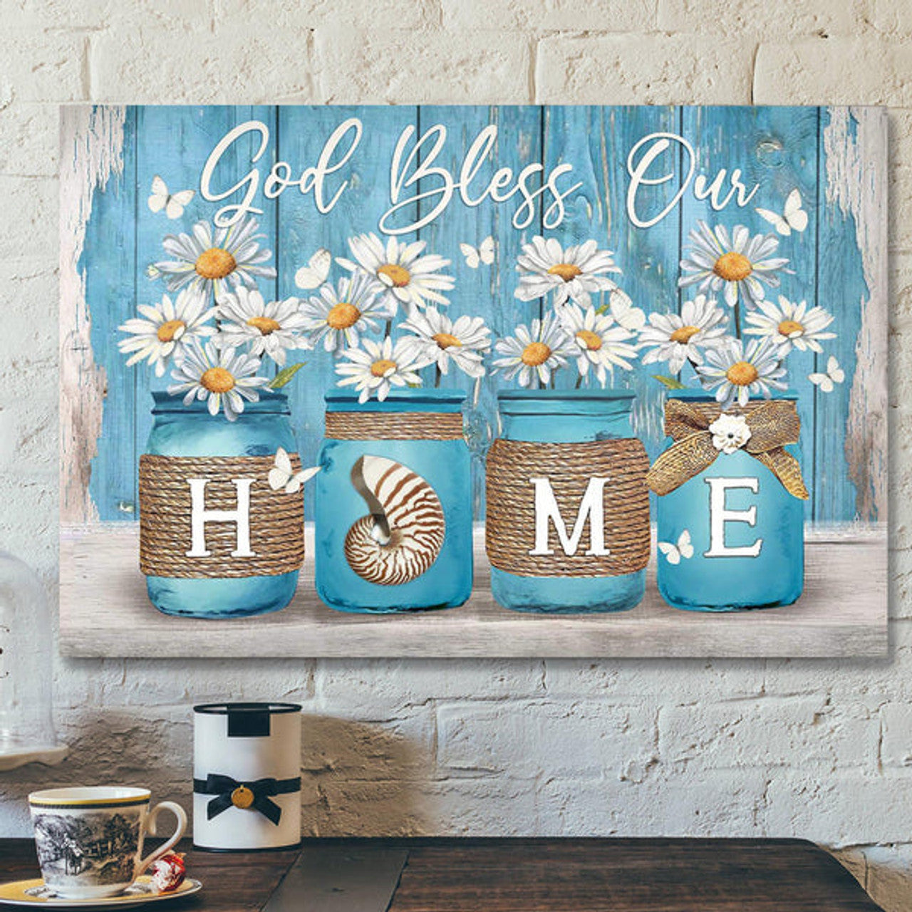 Daisy Jar On Blue Background - God Bless Our Home Canvas Wall Art - Bible Verse Canvas - Scripture Canvas Wall Art