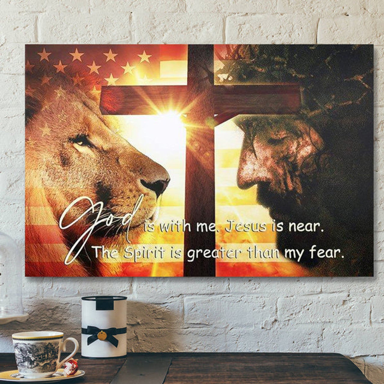 Bible Verse Canvas - Lion God Is With Me Jesus Is Near - Scripture Canvas Wall Art