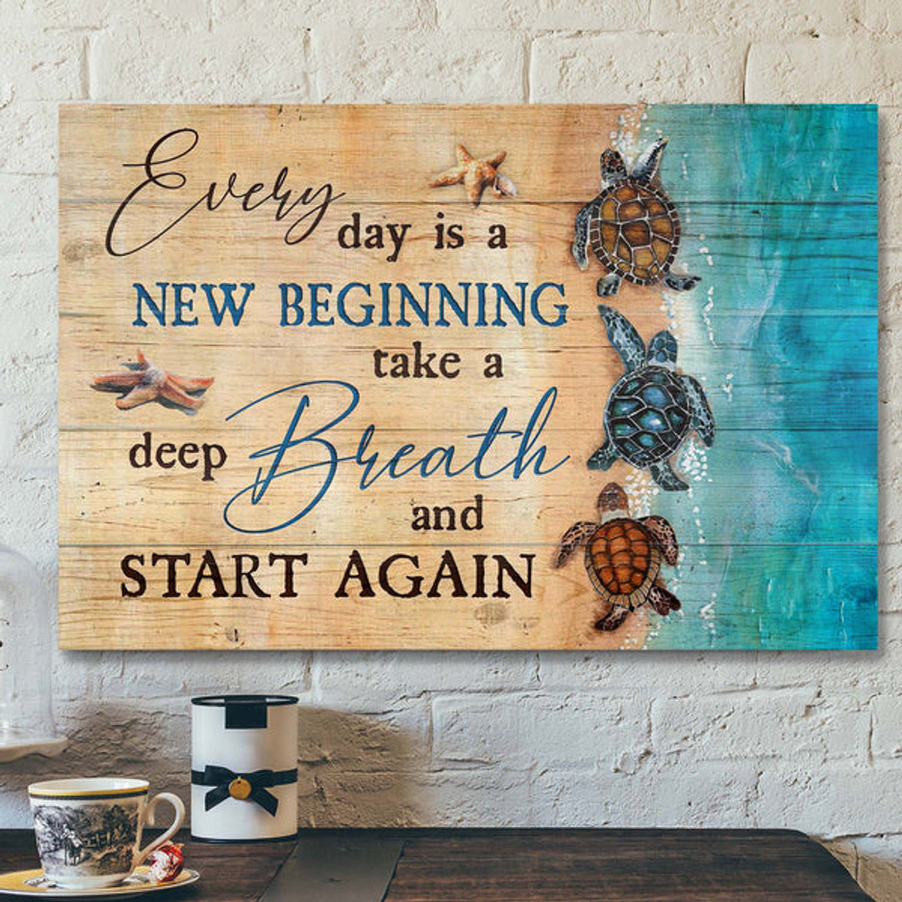 Turtles Along The Beach - Every Day Is A New Beginning Canvas Wall Art - Bible Verse Canvas - Scripture Canvas Wall Art