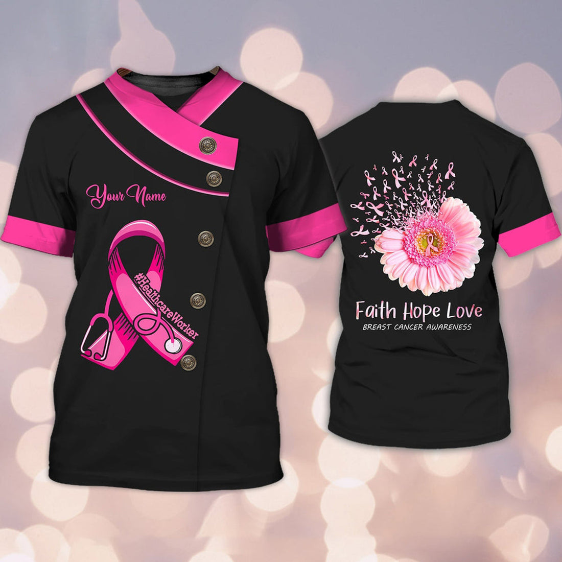 FUNSTUFFPRINT Healthcareworker Breast Cancer Awareness Shirts, Personalized Name 3D T-Shirt Tad (Non Workwear) 3D T-shirt