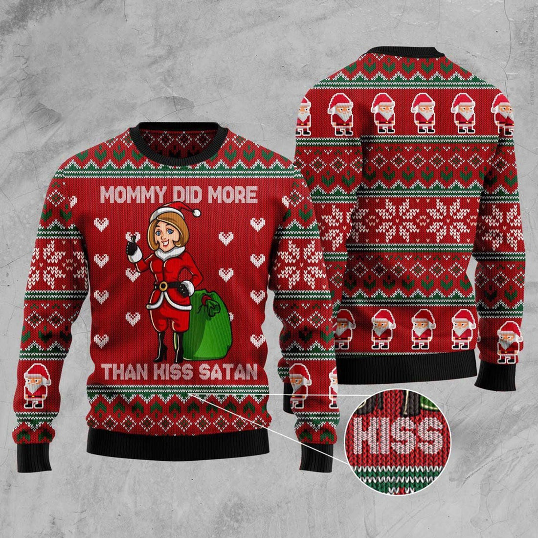 FUNSTUFFPRINT Mommy Did More Than Kiss Satan Ugly Christmas Sweater, Christmas Sweater, Ugly Sweater, Funny Xmas Sweaters Ugly Sweater