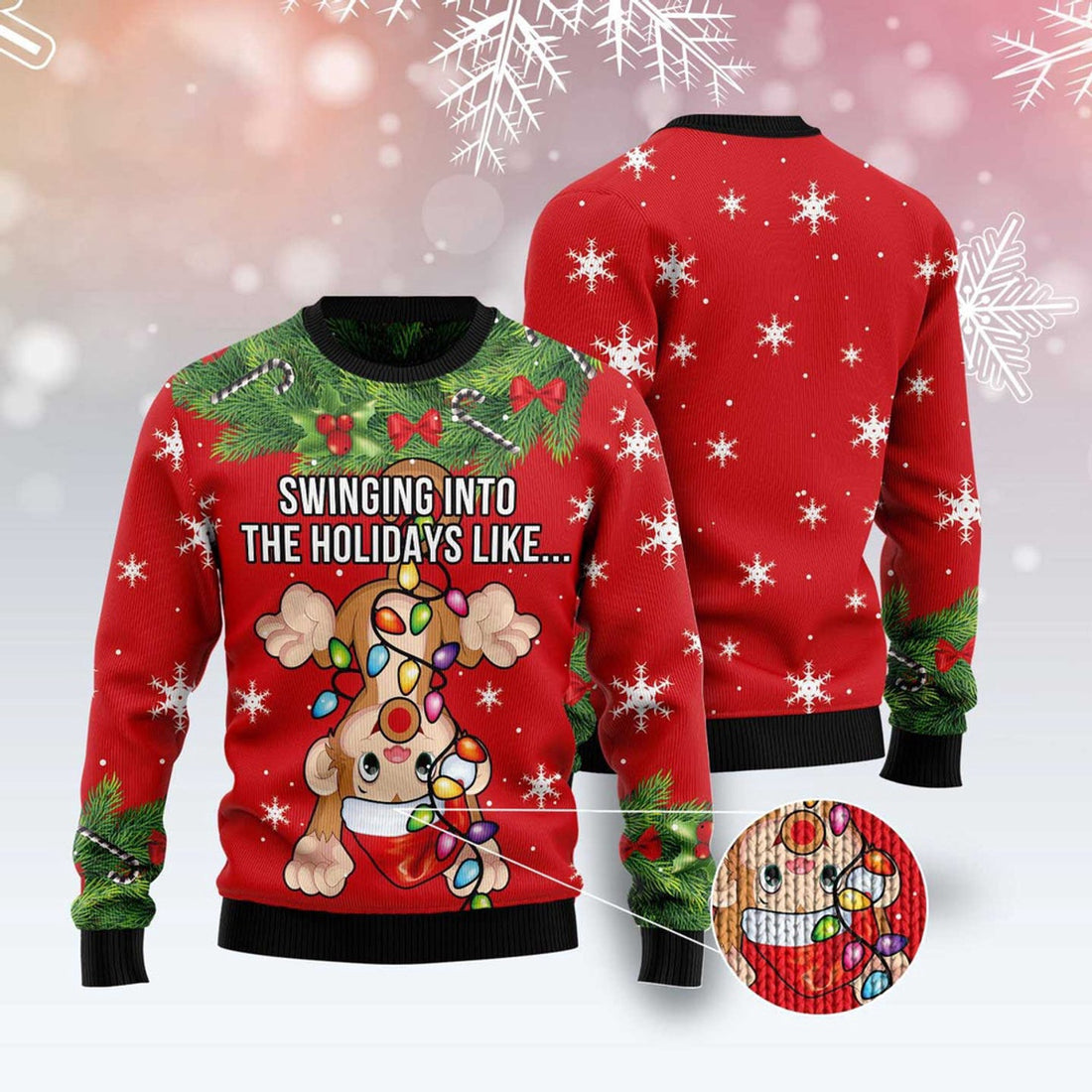 FUNSTUFFPRINT Monkey Swing Into The Holiday Ugly Christmas Sweater, Christmas Sweater, Ugly Sweater, Funny Xmas Sweaters Ugly Sweater