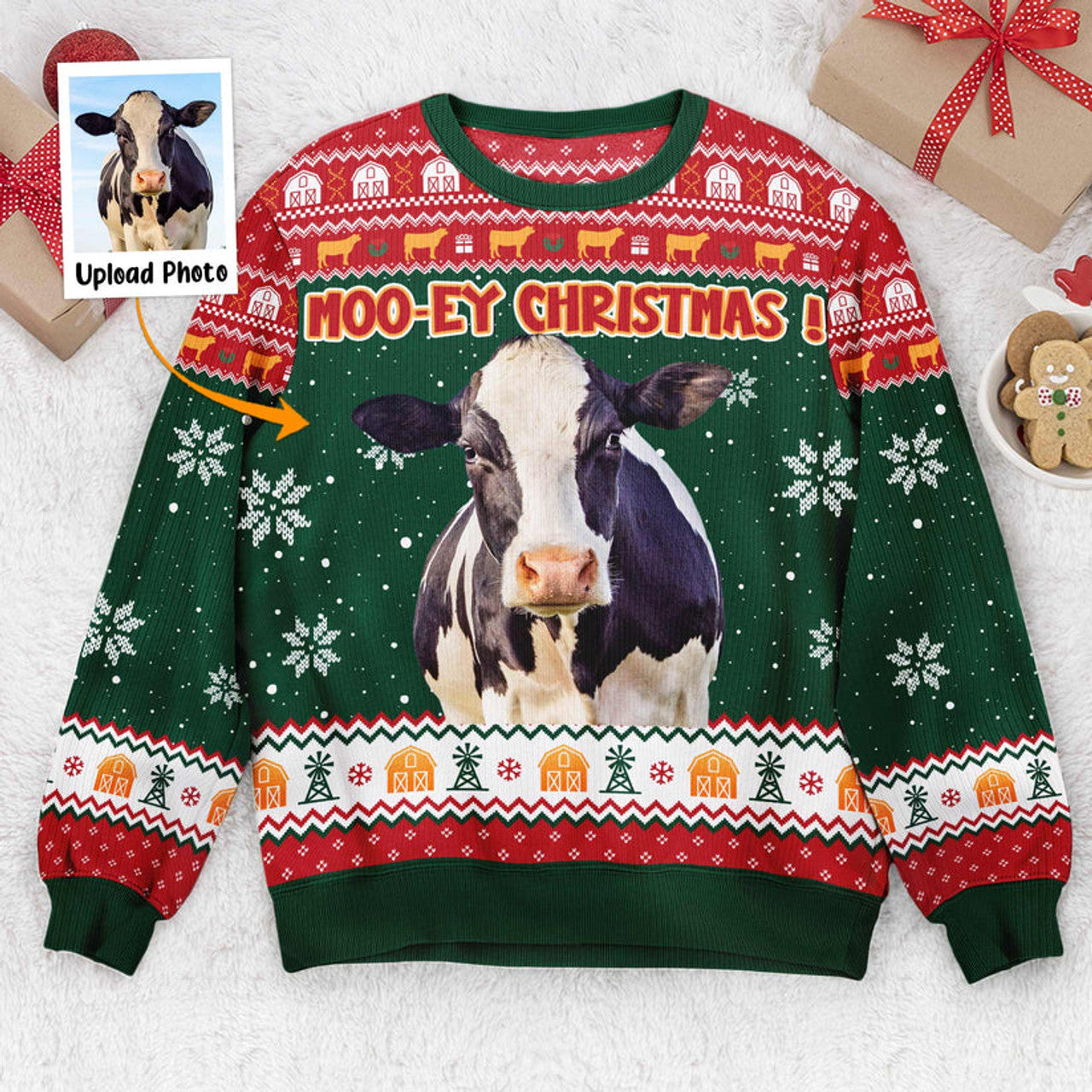 FUNSTUFFPRINT Custom Moo-Ey Christmas Ugly Sweater