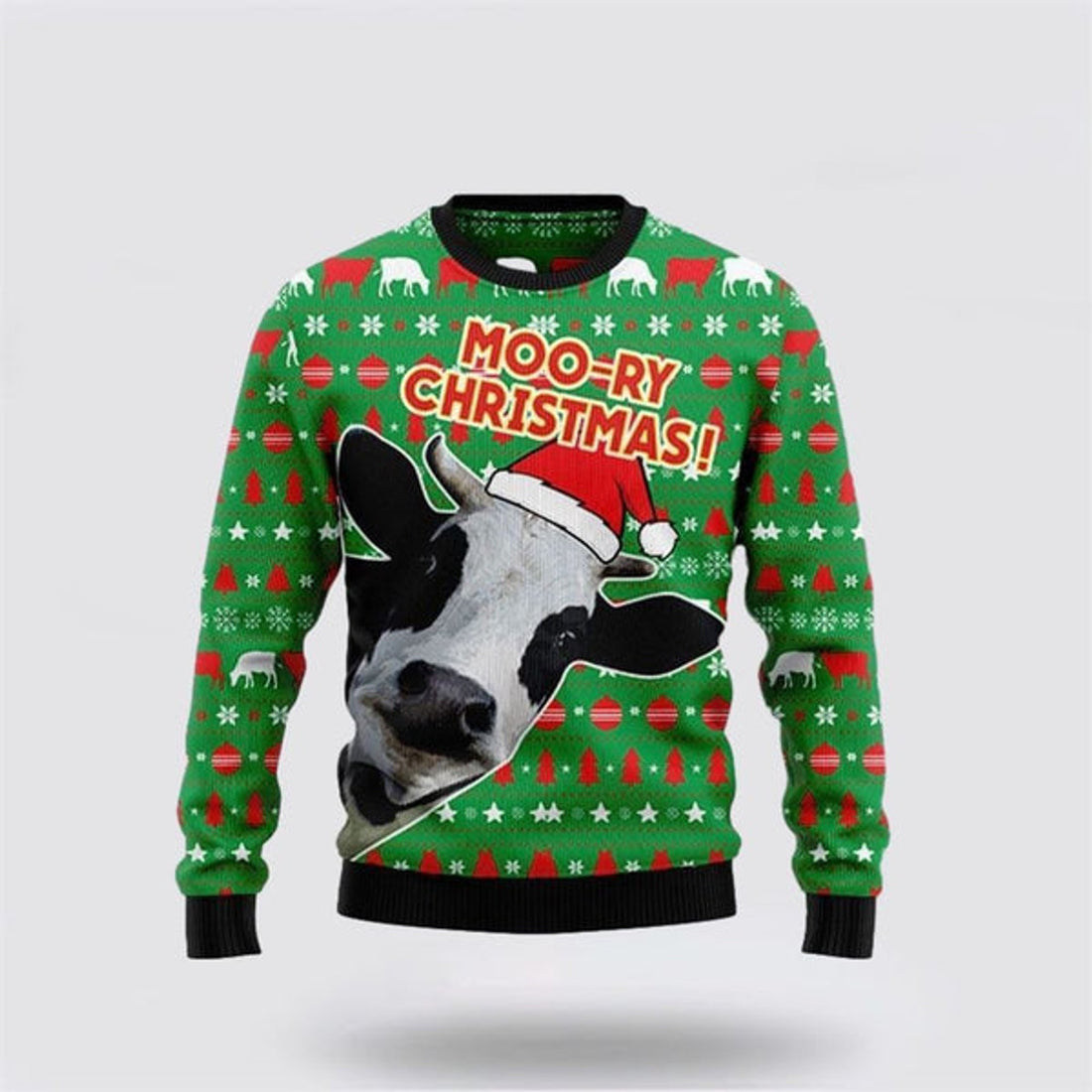 FUNSTUFFPRINT Moo-ry Dairy Cow Ugly Christmas Sweater, Farm Sweater, Christmas Gift, Best Winter Outfit Christmas Ugly Sweater