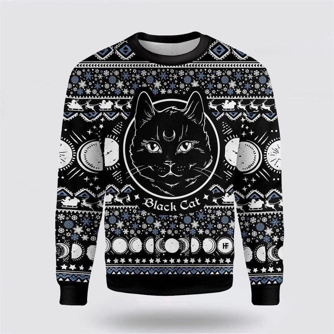 FUNSTUFFPRINT Moon Phase Cute Cat Christmas Wicca Ugly Christmas Sweater – Cat Lover Christmas Sweater Ugly  Sweater