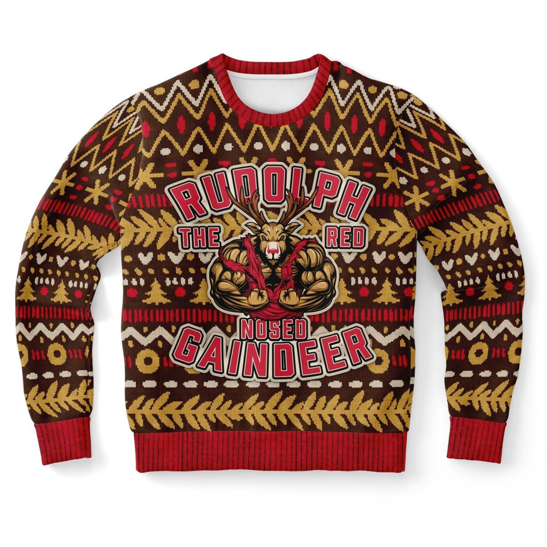 FUNSTUFFPRINT Muscle Rudolph the Red Nosed Gaindeer Ugly Christmas Sweater, Christmas Sweater, Ugly Sweater, Funny Xmas Sweaters Ugly Sweater