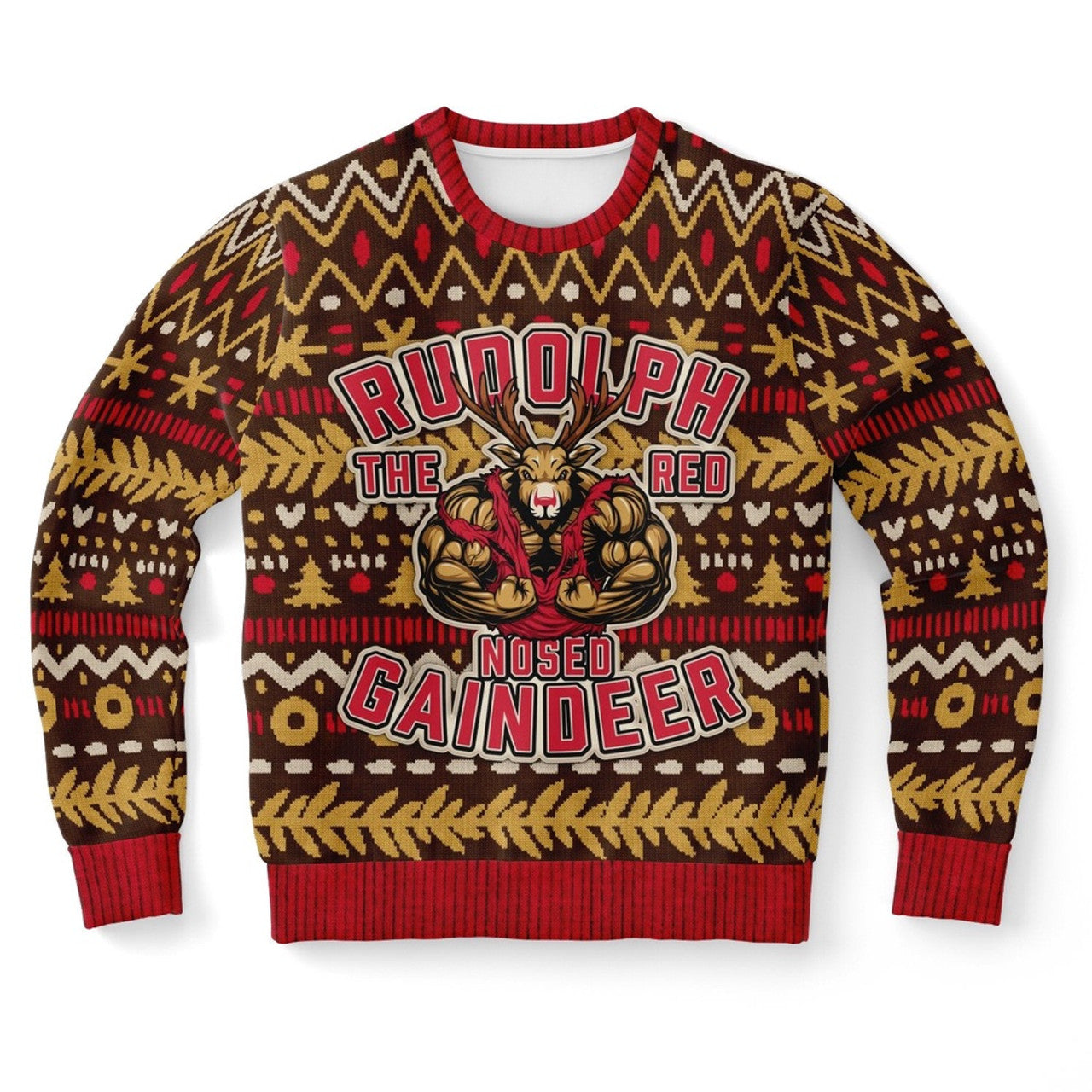 FUNSTUFFPRINT Muscle Rudolph the Red Nosed Gaindeer Ugly Christmas Sweater, Christmas Sweater, Ugly Sweater, Funny Xmas Sweaters Ugly Sweater