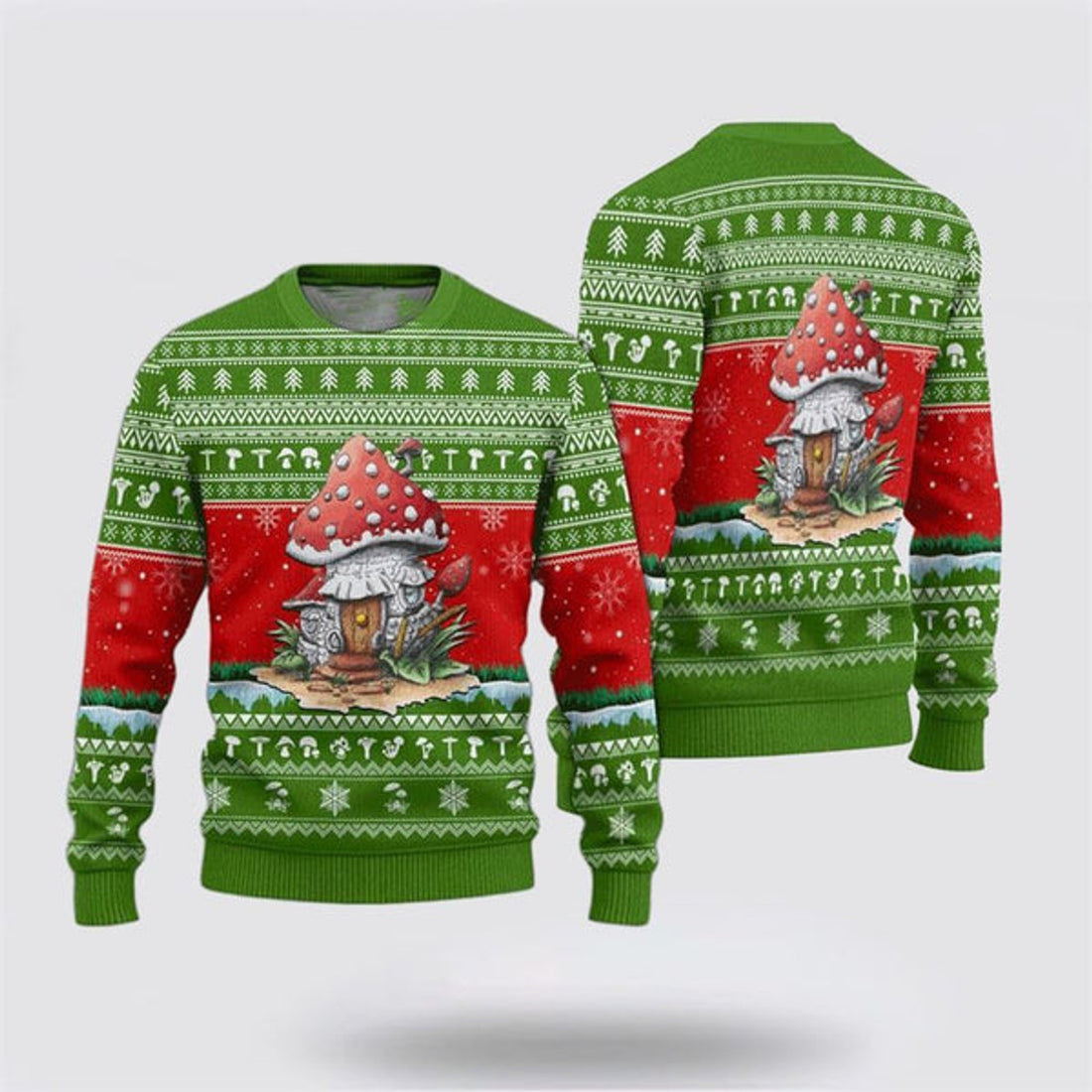 FUNSTUFFPRINT Mushrooms Green Pattern Ugly Christmas Sweater, Farm Sweater, Christmas Gift, Best Winter Outfit Christmas Ugly Sweater