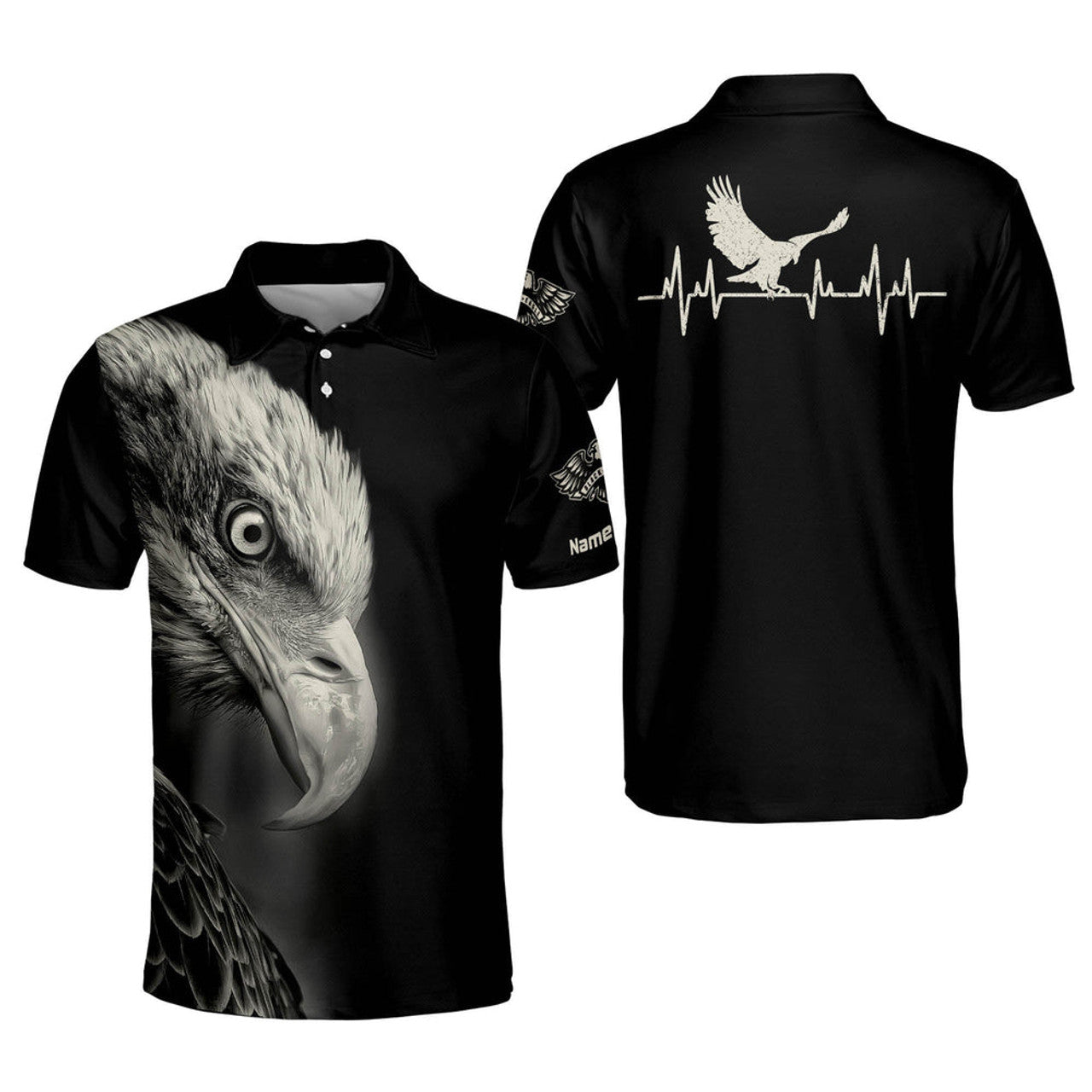 Custom Eagle American Black And White Heartbeat Polo Shirt, Personalized Independence Day Polo Shirt