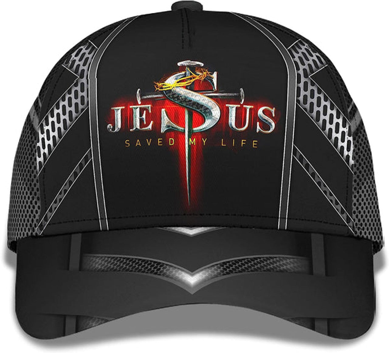 FUNSTUFFPRINT Nails Cross With Crown Of Thorn Jesus Saved My Life All Over Print Baseball Cap - Christian Hats For Men Women