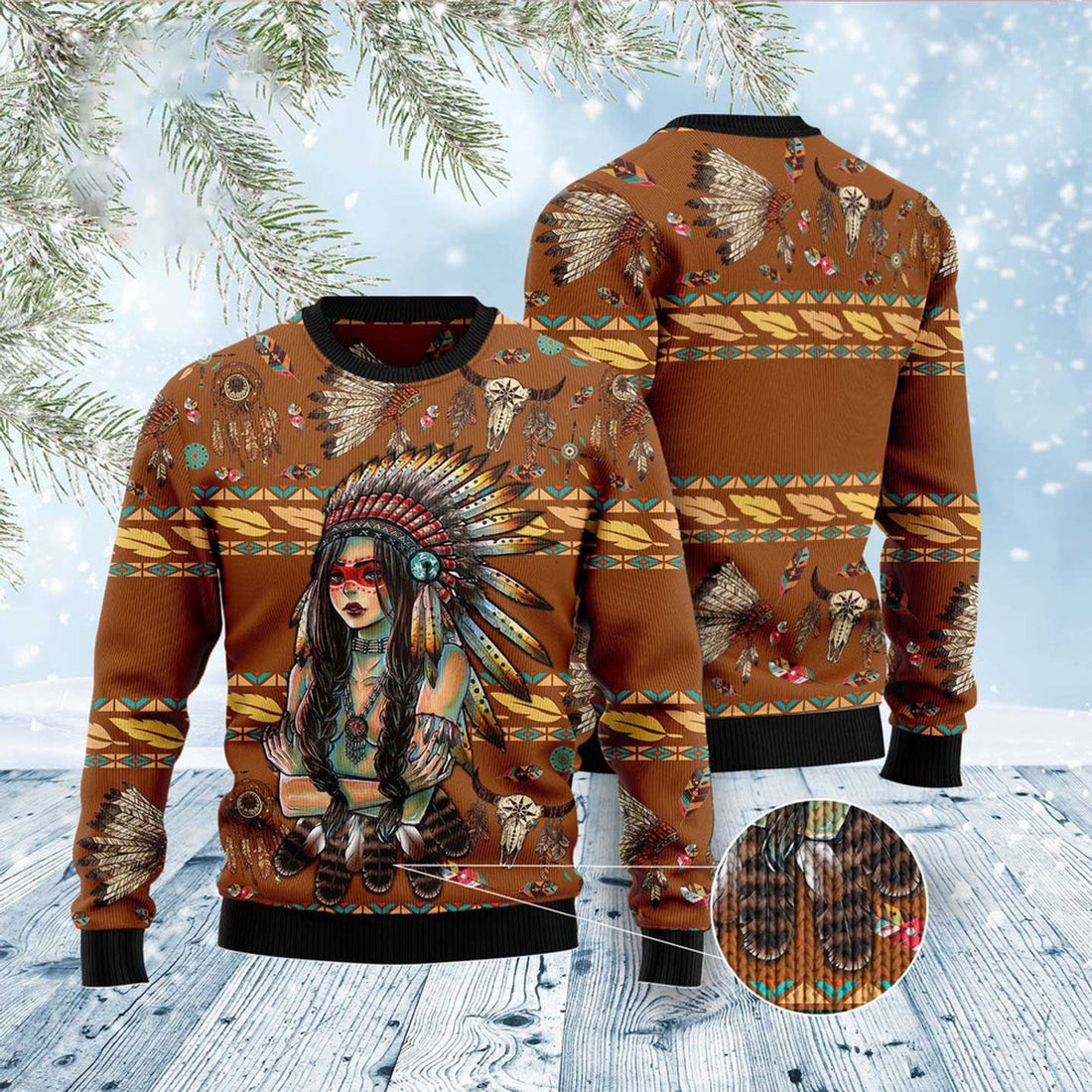 FUNSTUFFPRINT Native American Girl Ugly Christmas Sweater, Christmas Sweater, Ugly Sweater, Funny Xmas Sweaters Ugly Sweater