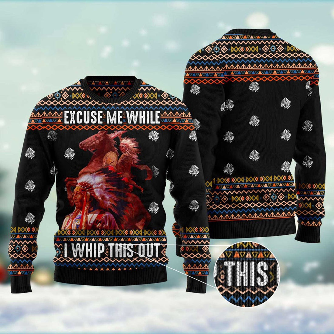 FUNSTUFFPRINT Native Excuse Me While I Whip This Out Ugly Christmas Sweater, Christmas Sweater, Ugly Sweater, Funny Xmas Sweaters Ugly Sweater