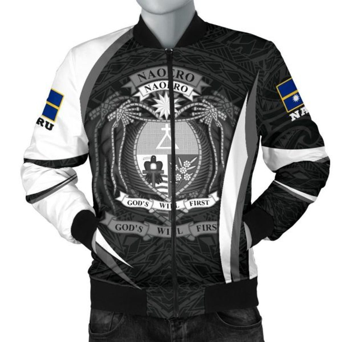 FUNSTUFFPRINTI Nauru Polynesian Bomber Jacket (Men) - Nauru Spirit (White) - Bomber Jacket
