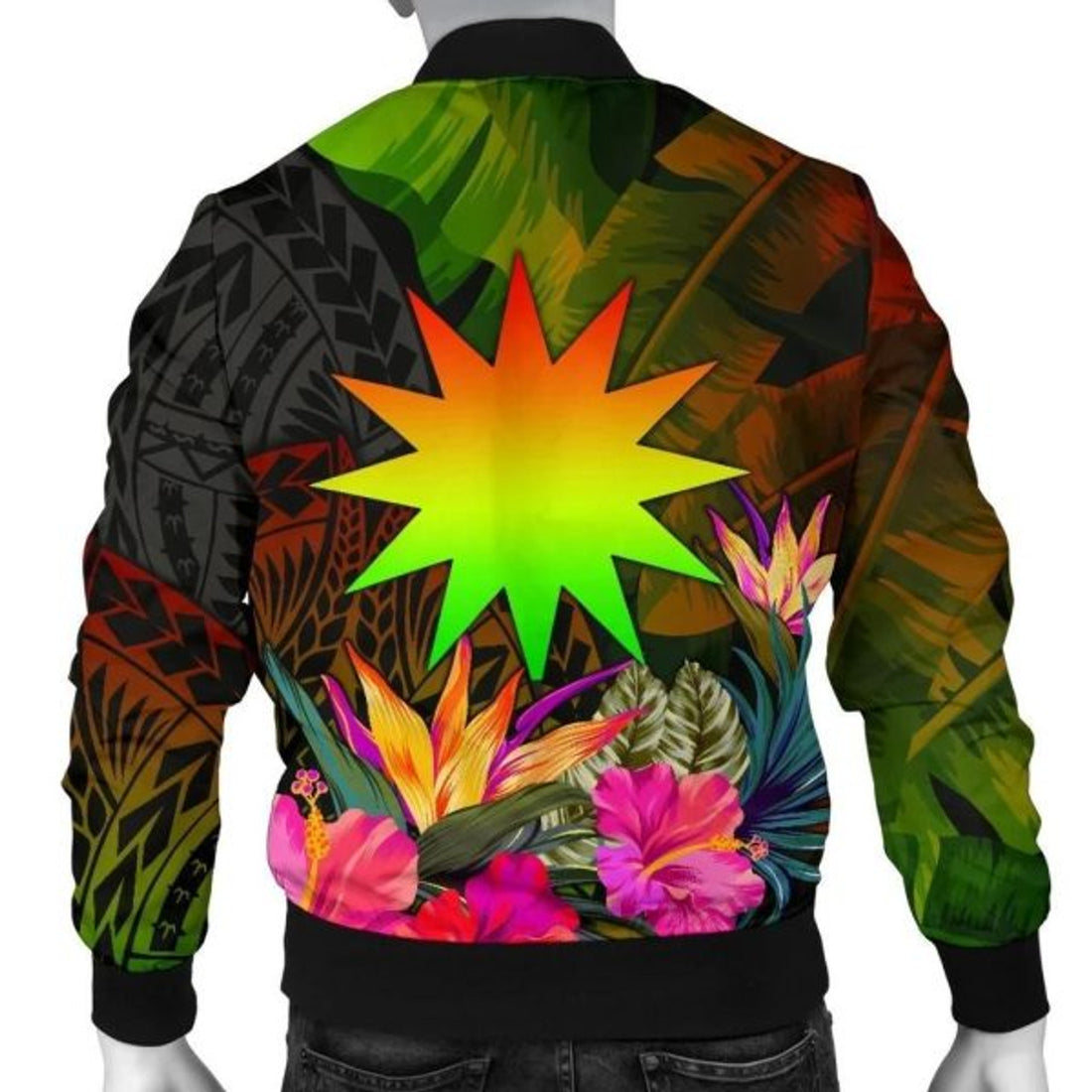 FUNSTUFFPRINTI Nauru Polynesian Personalised Men's Bomber Jacket - Hibiscus and Banana Leaves - Bomber Jacket
